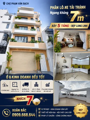CHỢ PHẠM VĂN BẠCH - PHÂN LÔ XE TẢI TRÁNH - 45M (7x6) 5 TẦNG BTCT- NGANG 7M - ĐẸP LUNG LINH