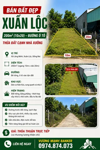 BÁN ĐẤT 200M², NGANG 10M, XUÂN LỘC, ĐỒNG NAI