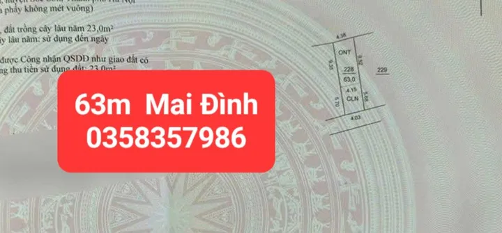 Bán đất 63m² có sẵn 40m² thổ cư ngang 4.38m giá 2.4 tỷ tại Xã Sóc Sơn