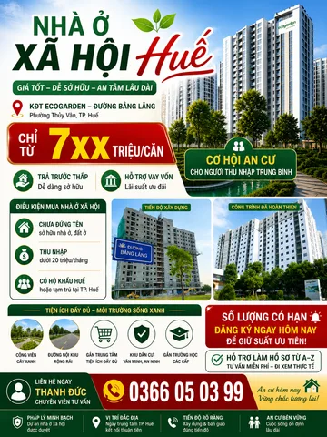 🚨 CHỈ CÒN HƠN 200 SUẤT – NHÀ Ở XÃ HỘI ECO GARDEN HUẾ TỪ ~700TR 🚨