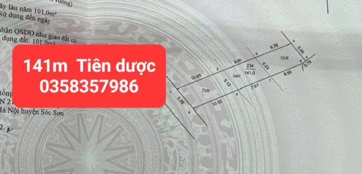 Bán đất 141m² có sẵn 40m² thổ cư ngang 5.06m giá 2.3 tỷ tại Xã Sóc Sơn