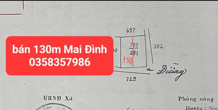 Bán đất 130m² full thổ cư ngang 6.5m giá 6.5 tỷ tại Xã Sóc Sơn