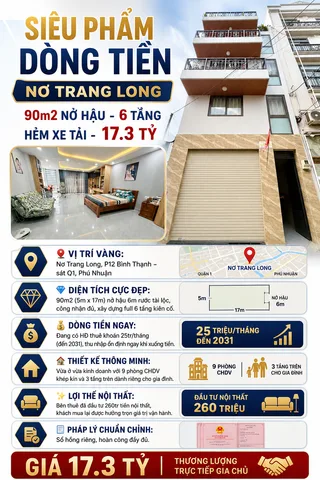 SIÊU PHẨM DÒNG TIỀN NƠ TRANG LONG - 90m2 NỞ HẬU - 6 TẦNG HẺM XE TẢI - 17.3 TỶ