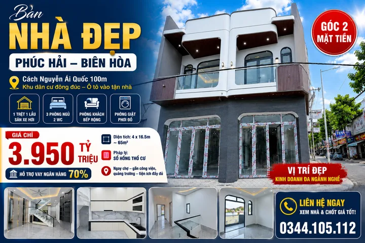 Bán nhà phường Tân phong, gần chợ Phúc Hải quảng Trường Tĩnh, 1 t1l, 3PN, sổ riêng sẵn. 3,96 tỷ