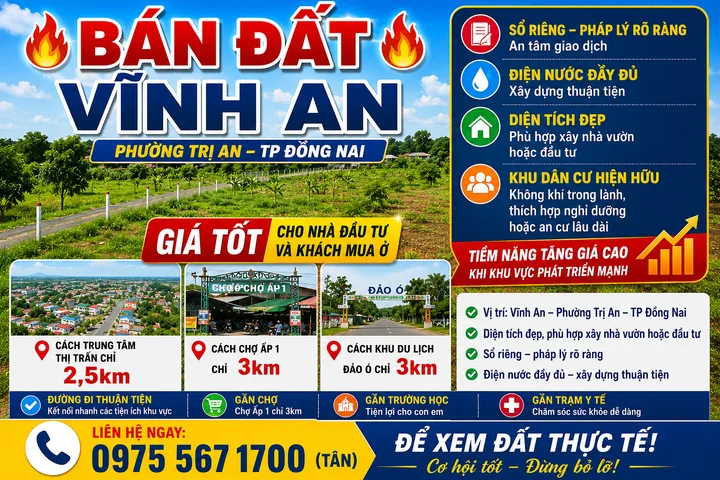 BÁN ĐẤT VĨNH AN –P TRỊ AN – TP ĐỒNG NAI  Chỉ 500tr/500m²