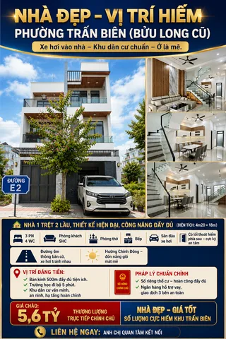 Bán nhà phường Bửu Long, sổ riêng, 3PN, SX7C, 2 lầu 1 trệt, dt80m², gần phía sau trường học