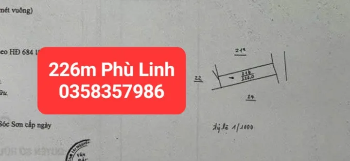 Bán đất 226m² có sẵn 221m² thổ cư ngang 6.5m giá 7.2 tỷ tại Xã Sóc Sơn