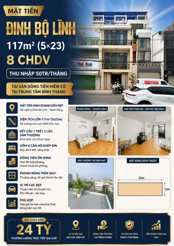 MẶT TIỀN ĐINH BỘ LĨNH - 117m2 (5×23) - 8 CHDV THU NHẬP 50TR/THÁNG - 24 TỶ