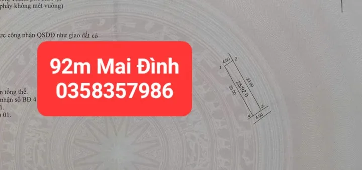 Bán đất 92m² full thổ cư ngang 4m giá 3.2 tỷ tại Xã Sóc Sơn