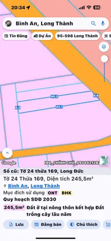 Bán đất 245m² có sẵn 100m² thổ cư ngang 6.6m giá 3.8 tỷ tại Xã Bình An