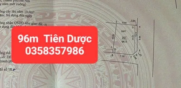 Bán đất 96.5m² có sẵn 86.5m² thổ cư ngang 9.61m giá 3.75 tỷ tại Xã Sóc Sơn