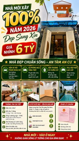 Nhà mới - 44m² - 3 tầng - Full Nội thất - Hẻm Xe hơi - Trung tâm Tân Phú - Nhỉnh 6 tỷ