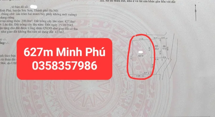 Bán đất 627m² có sẵn 200m² thổ cư ngang 17.55m giá 7.92 tỷ tại Xã Kim Anh