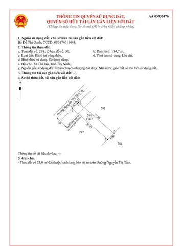 Bán 3 lô đất liền kề mt Nguyễn Thị Tầm, xã Bình Lãng, Tân Trụ dt 135m2 full thổ giá 540 triệu / lô