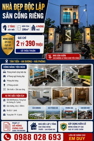 Chuẩn nhà dân xây!.
Diện tích khủng siêu hiếm 106m2 full đất ở đô thị.
Mà có đến 4 phòng ngủ.
Có phòng ngủ tầng 1 và thiết kế full nội thất 2 tầng.
Tiện ích gần trường học, chợ, kCN Nomura, kCN Tràng Duệ, kCN Thẩm Quyến An Dương, quốc lộ 5, quốc lộ 10