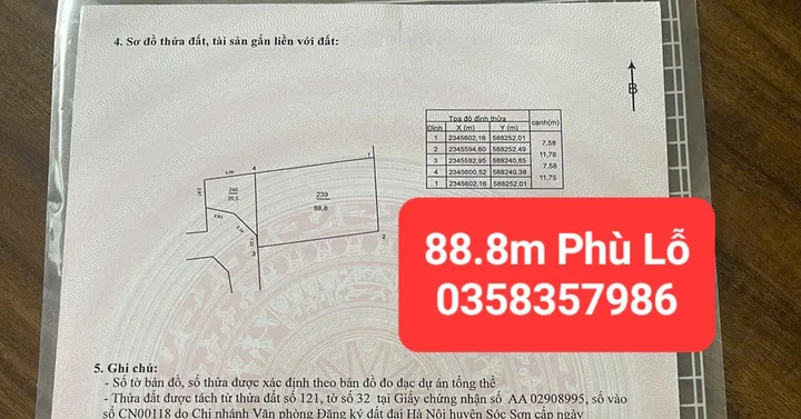 Bán đất 88.8m² full thổ cư ngang 7.58m giá 3.55 tỷ tại Xã Sóc Sơn