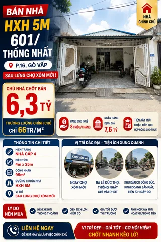 NGỘP BANK BÁN GẤP HXH 601 THỐNG NHẤT P16 4X25 CN95M2 CHỈ 66TR/M2, ĐCT 10TR/THG, GIÁ 6,3 TỶ TL