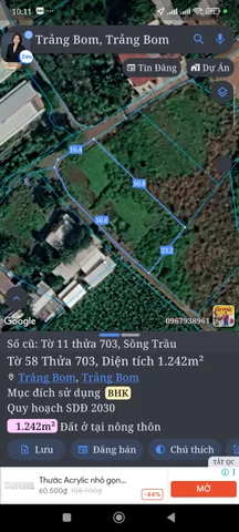 Bán đất 1242.3m² ngang 30m giá 1.86 tỷ tại Xã Trảng Bom