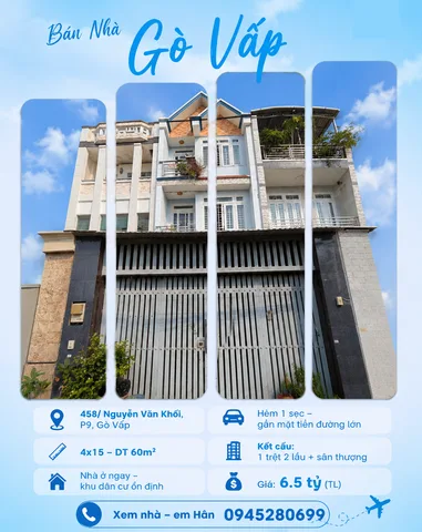 Hơn 100tr/m2 có ngay HXH 458 Nguyễn Văn Khối P9 4x15m CN 60m2 4 Lầu nhà đẹp khu dân cư ổn định chỉ 6,5 tỷ TL