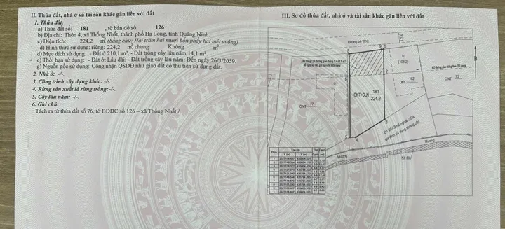 BÁN 224,2M2 ĐẤT THÔN 4,XÃ THỐNG NHẤT,QUẢNG NINH
