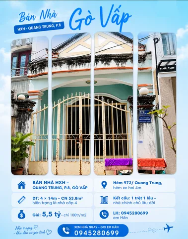 HXH 972/ QUANG TRUNG P8 4x14 CN 54M² SỔ VUÔNG VỨC KHÔNG LỖI PHONG THỦY CHỈ 100TR/M2, GIÁ 5.5 TỶ TL