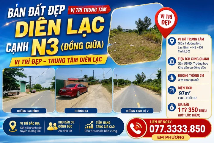 Bán Đất Trung Tâm Diên Lạc – 97m² Full Thổ – Cạnh Đường N3 Rộng 7m Giá 1 tỷ 350tr