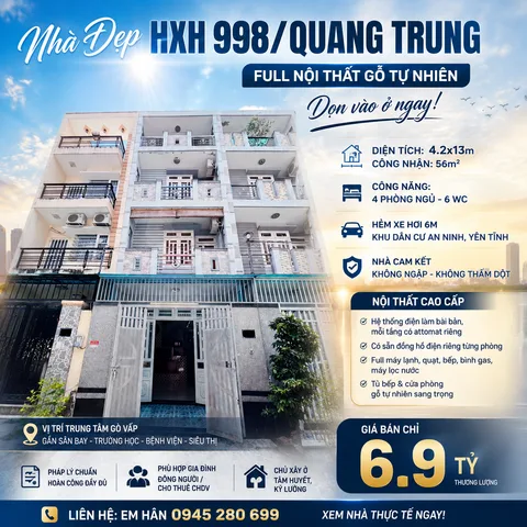 BÁN NHÀ HXH 998 QUANG TRUNG, P8 4L FULL NT 4,2X12,8M CN 56M2, KHU ĐỒNG BỘ CAO LẦU AN NINH, CHỈ 6,9 TỶ TL.