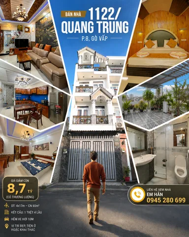 KẸT TIỀN! BÁN NHÀ HXH 10m 1122 Quang Trung P8 4x17m CN 65m² 5L KHU CAO LẦU giảm còn 8,7 tỷ TL