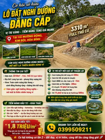 Bán đất nghỉ dưỡng tại xã Mường Động, Kim Bôi, Hòa Bình. Diện tích 3.310m² full thổ cư, địa thế đẹp lưng tựa núi, view ruộng bậc thang và cánh đồng thoáng rộng. Vị trí thuận lợi, cách đường liên kết vùng 200m, gần QL12B, trung tâm Kim Bôi, khu tắm khoáng 