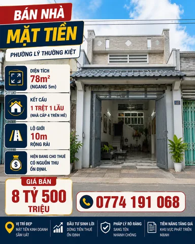 Bán nhà 1 mê mặt tiền đg lê xuân trữ dt 78m2 ngang 5m giá 8ty500 hướng đông nam