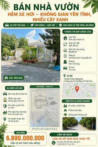 BÁN NHÀ VƯỜN HẺM XE HƠI – KHÔNG GIAN YÊN TĨNH, NHIỀU CÂY XANH – HƯNG LỢI, CÁI RĂNG, CẦN THƠ