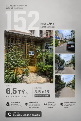 Chỉ 95Tr/m2 nhà C4 HXH 152 Nguyễn Văn Khối P8 3.5x16 CN 68m² ngay CV Làng Hoa giá 6,5 tỷ TL