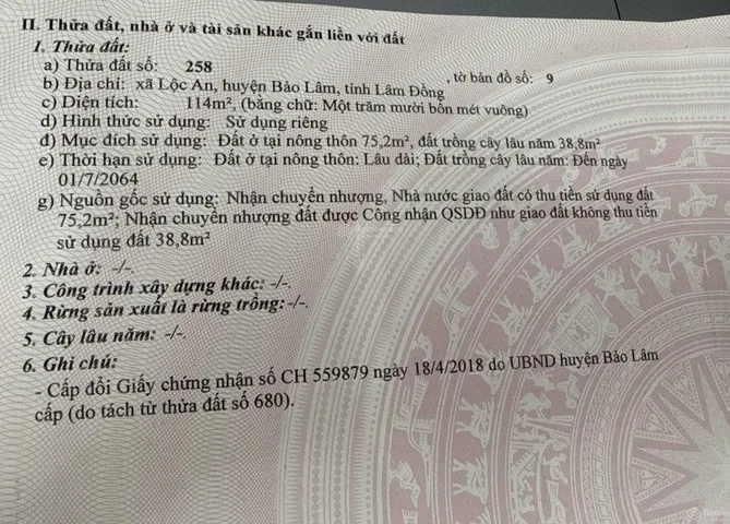Chính chủ gửi bán lô đất 114m², xã Lộc An, Huyện Bảo Lâm, Tỉnh Lâm Đồng
- Diện tích: 114m², 75 m² đất ở. Ngang 5 mét.
- Ngân hàng hỗ trợ 70% 
Liên hệ để xem sổ và gửi vị trí đất