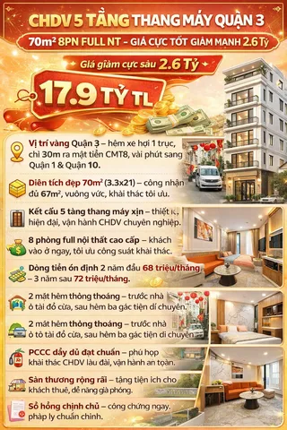 CHDV 5 TẦNG THANG MÁY QUẬN 3 - 70m2 8PN FULL NT - GIÁ CỰC TỐT GIẢM MẠNH 2.6 TỶ