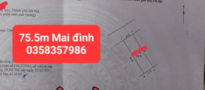 Bán đất 75.5m² full thổ cư ngang 4.7m giá 3.75 tỷ tại Xã Sóc Sơn