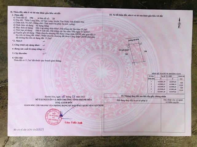 BÁN ĐẤT TẠI THÔN LONG HOÀ XÃ VẠN LONG HUYỆN VẠN NINH
