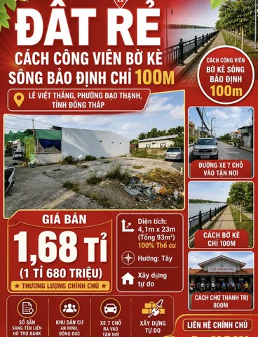 Bán đất P5, TP. Mỹ Tho hẻm ô tô 7c đường Lê Việt Thắng cách Ấp Bắc 400m, Chợ Thạnh Trị 800m gần sông Bảo Định