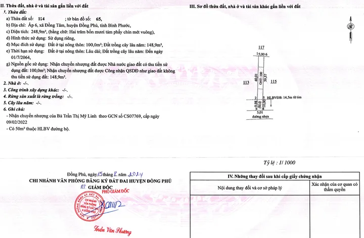 Bán đất 248.9m² có sẵn 100m² thổ cư ngang 5m giá 870 triệu tại Xã Đồng Tâm