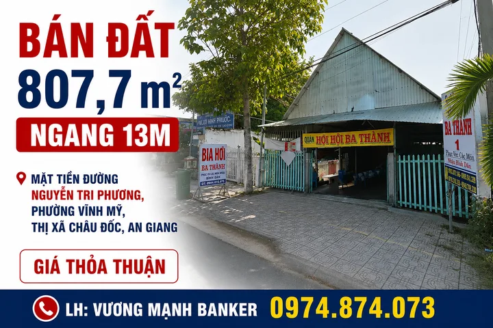 BÁN ĐẤT 807,7 M², NGANG 13M, VĨNH MỸ, CHÂU ĐỐC, AN GIANG