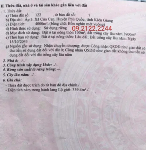 Bán đất 4000m² có 100m² thổ cư ngang 32.73m Ấp 3, Cửa Cạn giá 44 tỷ tại Đặc khu Phú Quốc