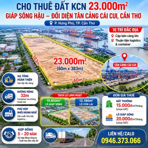 QUỸ ĐẤT LOGISTICS ĐẮT GIÁ CẦN THƠ 23.000M²: CÓ TÁCH LẺ, ĐÃ SAN LẤP, HỢP ĐỒNG ĐẾN 20 NĂM