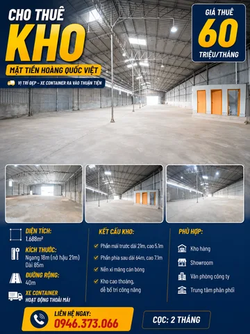KHO MẶT TIỀN HOÀNG QUỐC VIỆT 1.688M² NỞ HẬU: ĐƯỜNG 40M, GIÁ THUÊ 60 TRIỆU/THÁNG