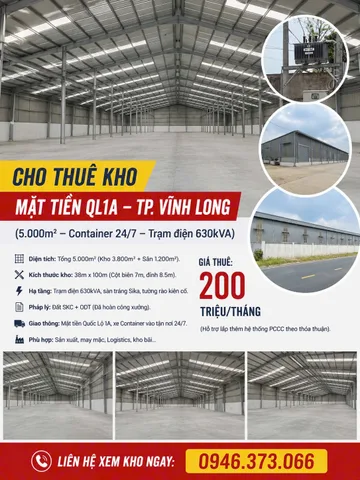 HIẾM CÓ! KHO XƯỞNG 5.000M² MẶT TIỀN QL1A VĨNH LONG: ĐÃ HOÀN CÔNG, SẴN TRẠM ĐIỆN KHỦNG 630KVA