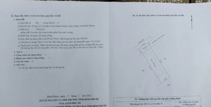 Bán Đất 399m² thổ cư 190m² giá 880 triệu tại Đường Liên Xã Phường Chơn Thành Đồng Nai
