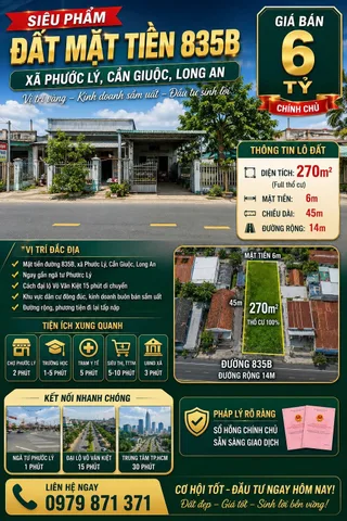 Siêu phẩm đất mặt tiền 835B, xã Phước Lý, Cần Giuộc, Long An, DT 270m2, giá đầu tư