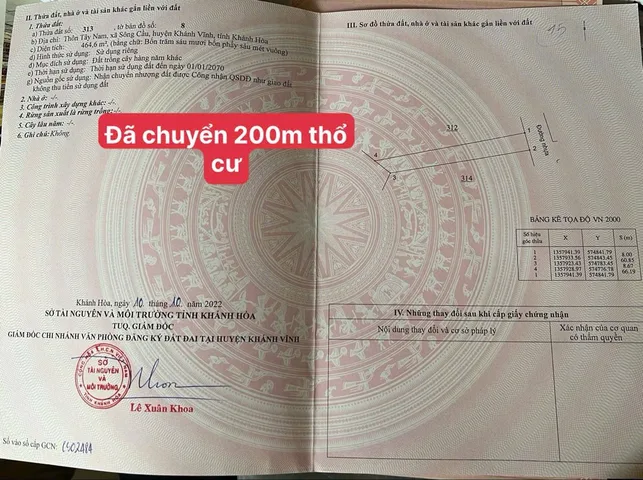 BÁN LÔ ĐẤT NGAY TRUNG TÂM XÃ SÔNG CẦU KHÁNH VĨNH . DT 464,6m2 CÓ 200m2 THỔ CƯ . GIÁ 750 TRIỆU