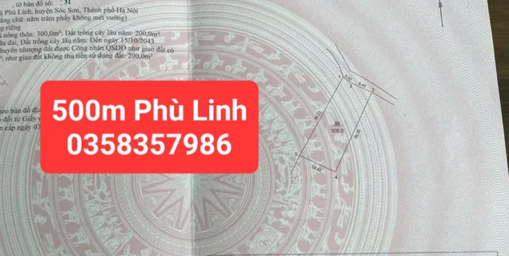 Bán Đất 500m² thổ cư 300m² giá 8.3 tỷ tại Xã Sóc Sơn Hà Nội