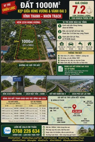 Bán Đất 1008m² thổ cư 200m² giá 7.2 tỷ tại Đường Hùng Vương Xã Vĩnh Thanh Huyện Nhơn Trạch Đồng Nai