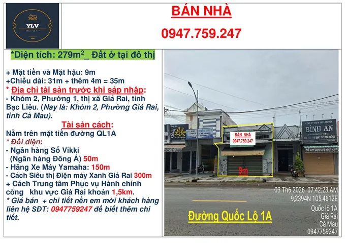 Bán Đất 279m² thổ cư 279m² giá 8.7 tỷ tại Đường Quốc Lộ 1 Phường 1 Thị xã Giá Rai Bạc Liêu