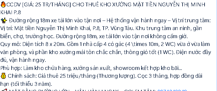 Cho thuê Kho, nhà xưởng 160m² giá 25 triệu/ tháng tại Phường 8 Thành phố Vũng Tàu Bà Rịa - Vũng Tàu